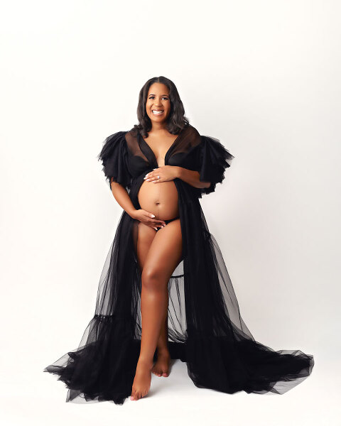 Douglasville maternity photographer, studio portrait in black tulle robe