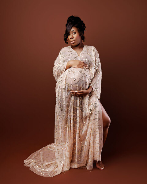 Newnan maternity photographer, studio portrait in boho lace dress
