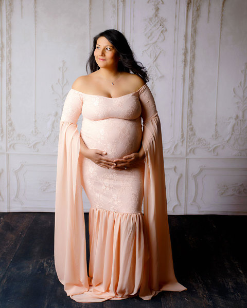 maternity photographer near Carrollton, GA; studio maternity session in peach dress
