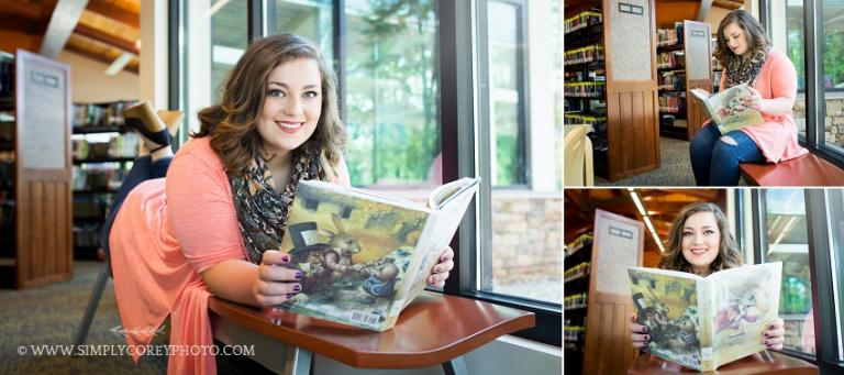 senior portrait session in a library by Atlanta photographer
