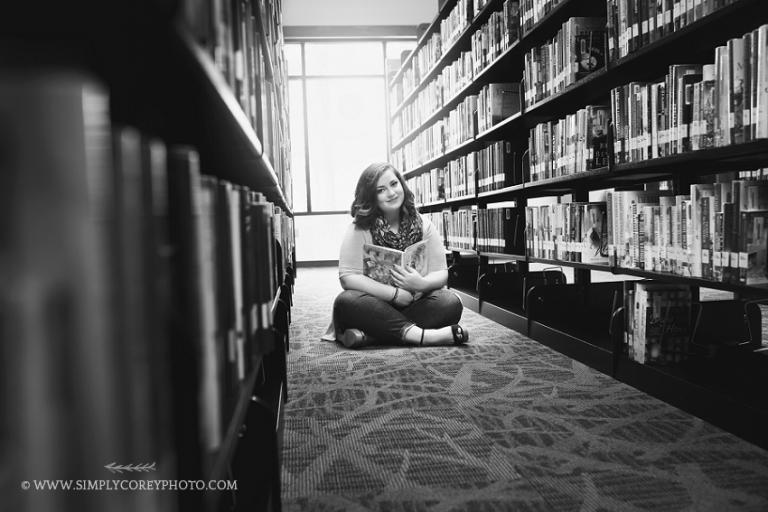 senior portrait session in a library by Atlanta photographer, Simply Corey photography