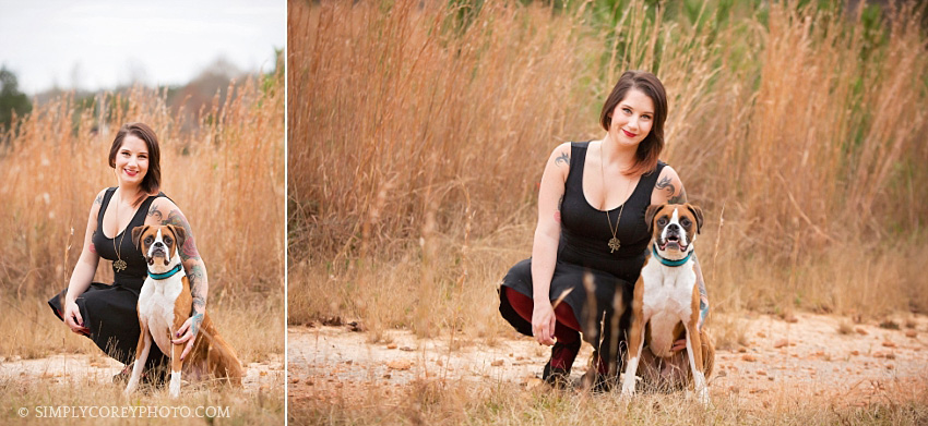 woman and her Boxer by Douglasville pet photographer