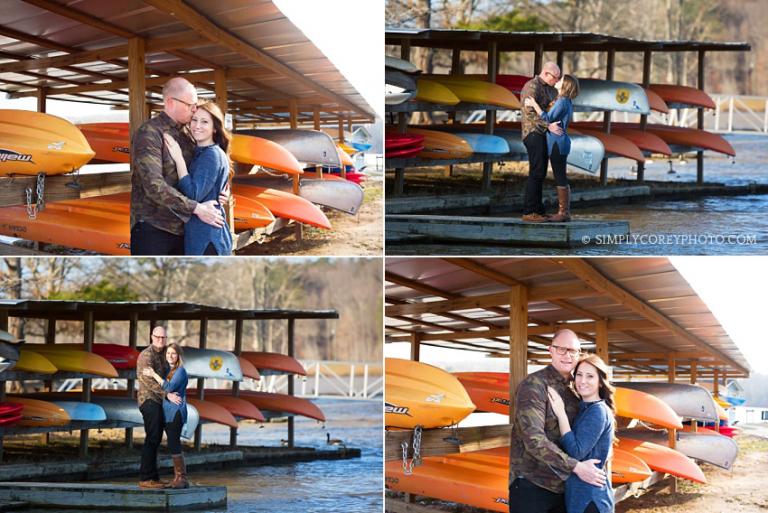 engaged couple with kayaks by Carrollton engagement photographer