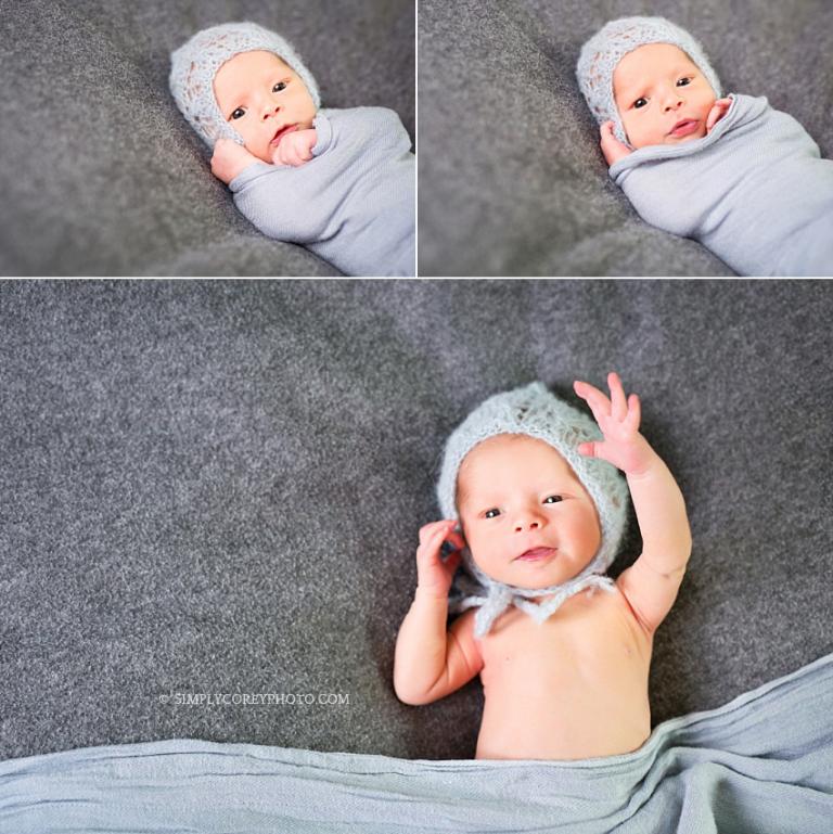 baby boy in grey by Atlanta newborn photographer