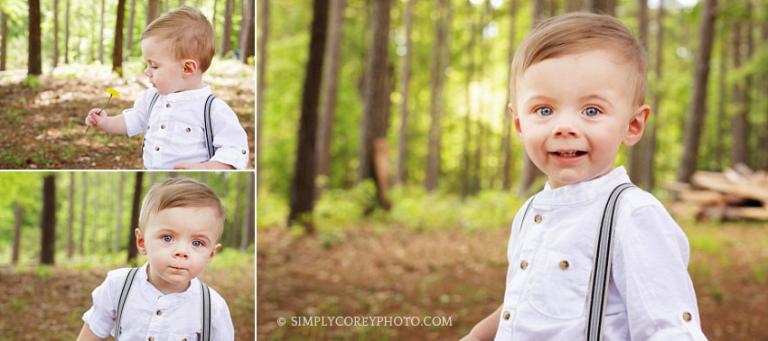 baby photographer Atlanta, baby boy in suspenders holding a flower