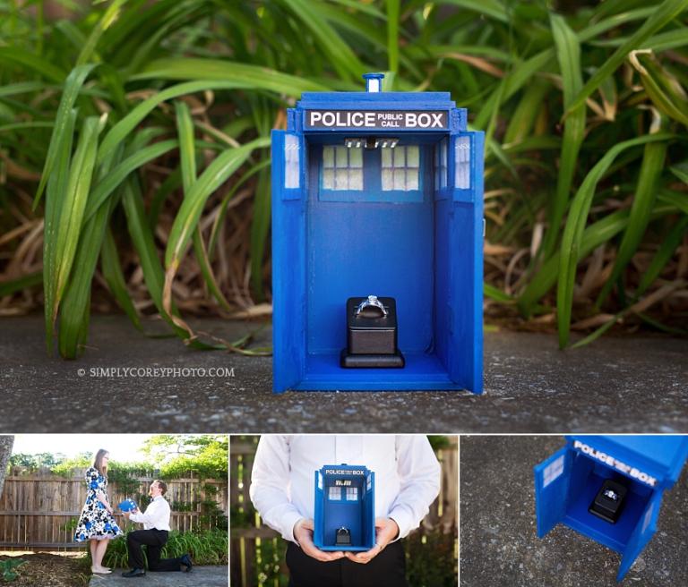 Dr. Who engagement with a tardis by Atlanta wedding photographer