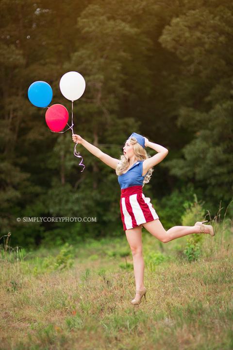 4th of July pinup with balloons by Atlanta senior portrait photographer