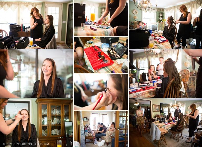 bride getting hair and make up done by Bethany with The Upper Cut Salon, by Villa Rica wedding photographer