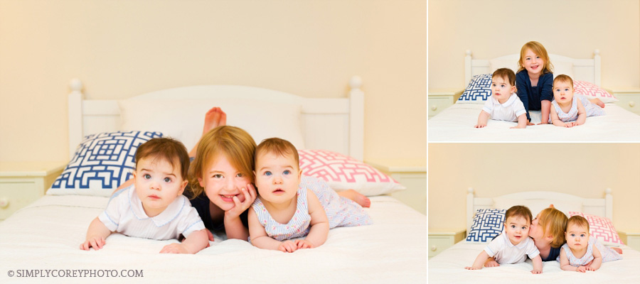 big sister with baby twin siblings by Atlanta family photographer