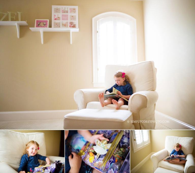 little girl reading in an oversized chair by Atlanta child photographer