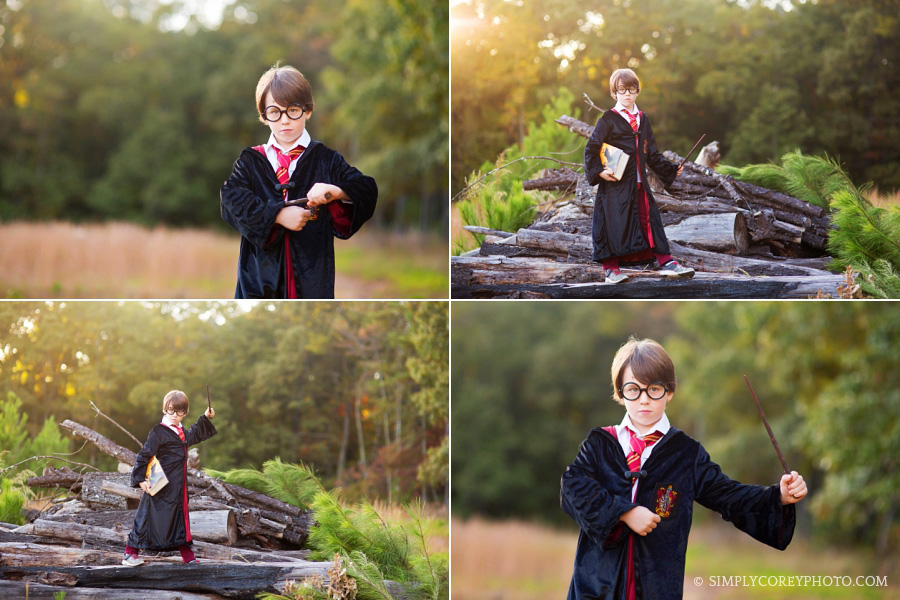 magical Harry Potter themed portraits with wand and books by Atlanta child photographer