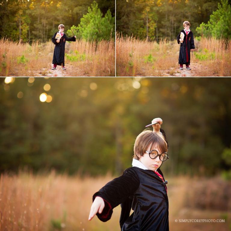 magical Harry Potter themed portraits with wand and books by Atlanta child photographer