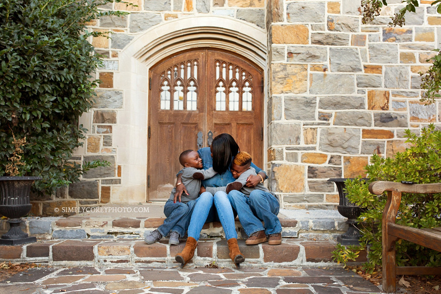 mother and sons group hug by Atlanta family photographer