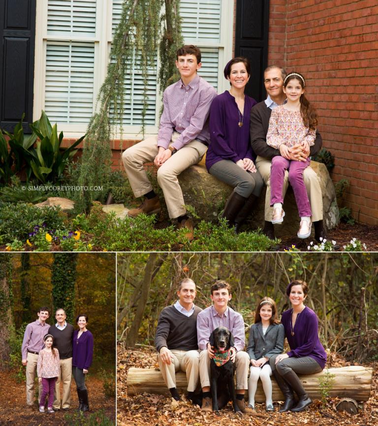 family of 4 with a dog by Atlanta on location family photographer