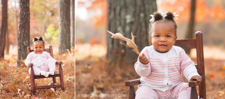 fall portraits of a toddler in a rocking chair by Carrollton baby photographer