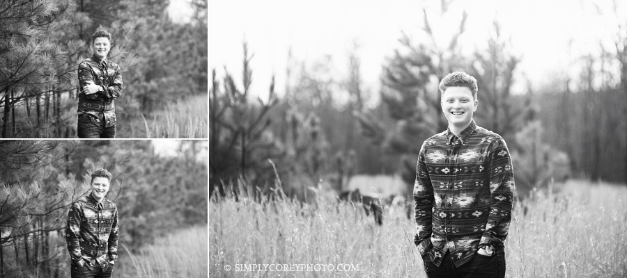 black and white Douglasville senior portraits of a teen boy