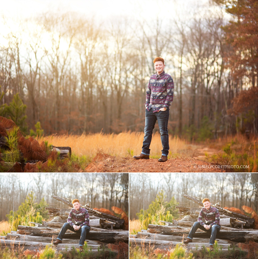 rustic Atlanta senior portraits of a teen boy outside