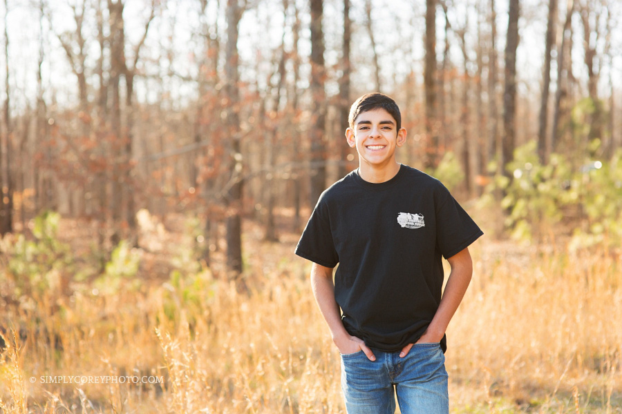 Newnan senior portrait photography of a teen boy oustide
