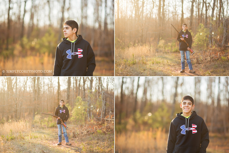 boy in Under Armour hoodie by Douglasville senior portrait photographer