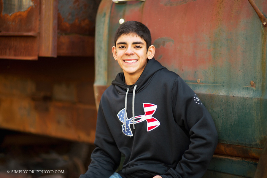 teen boy with a vintage truck by Villa Rica senior portrait photographer