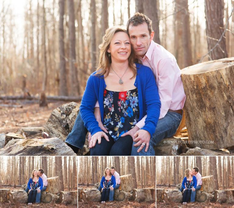 outdoor Newnan engagement photography of a couple on logs