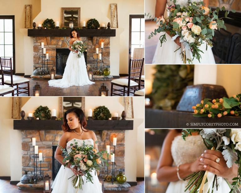 a bride near a rustic fireplace by Atlanta wedding photographer