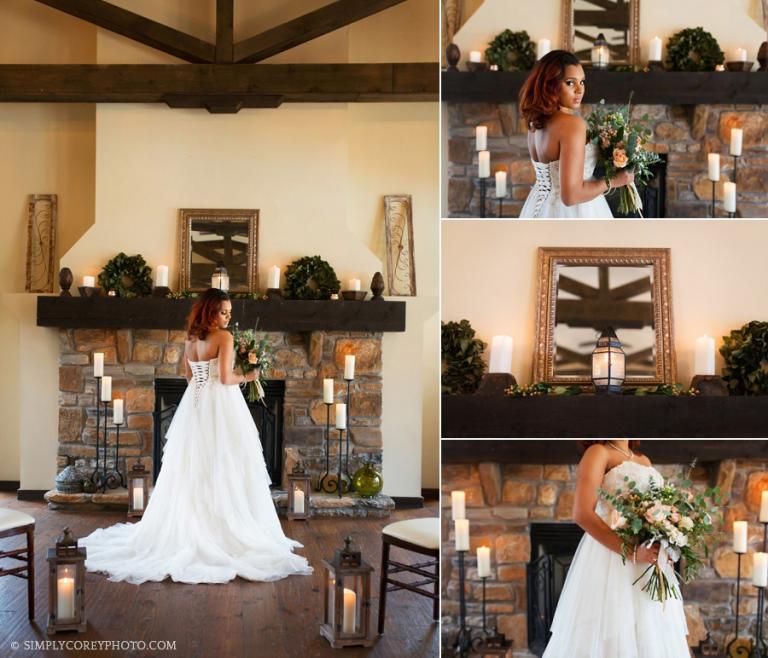 a bride near a rustic fireplace by Douglasville wedding photographer