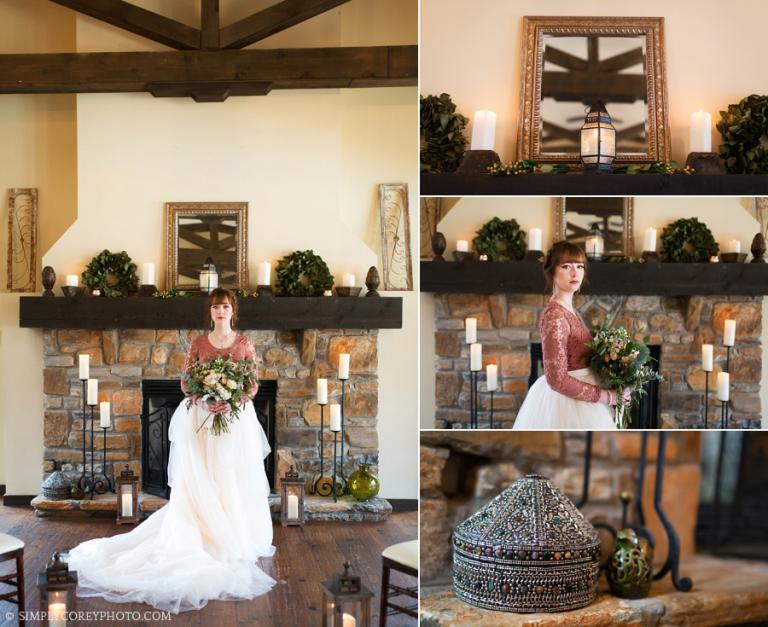 Atlanta elopement photography of a bride near a fireplace in Tuscany Hills Country Club