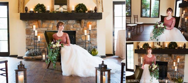 Carrollton wedding photography of a bride near a fireplace in Tuscany Hills Country Club