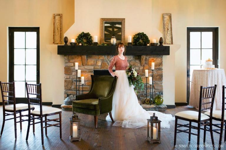 bride near a fireplace in Tuscany Hills Country Club by Douglasville elopement photographer