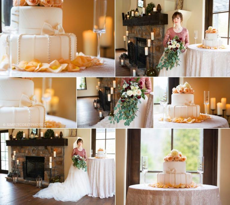 Atlanta wedding photography of a bride near a cake by Intimate Eats at Tuscany Hills