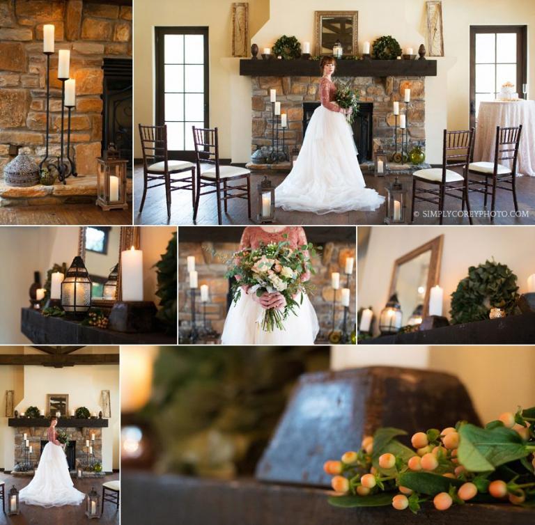 bride near a fireplace in Tuscany Hills Country Club by Douglasville wedding photographer