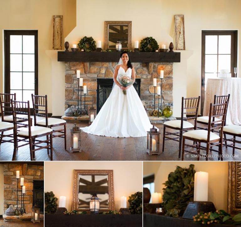bride in front of a fireplace by Douglasville elopement photographer