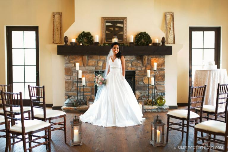 Villa Rica elopement photography of a bride in front of a fireplace