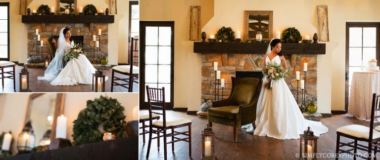 Carrollton elopement photography of a bride near a fireplace and green chair