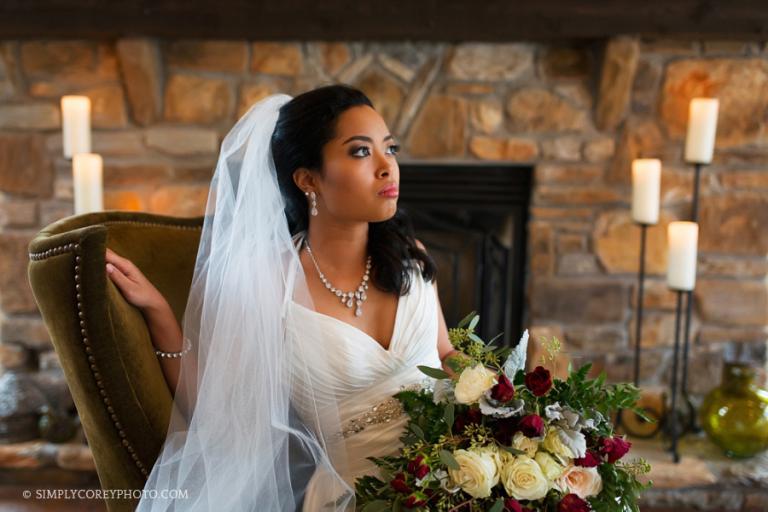 Douglasville elopement photography of a bride in a green velvet chair