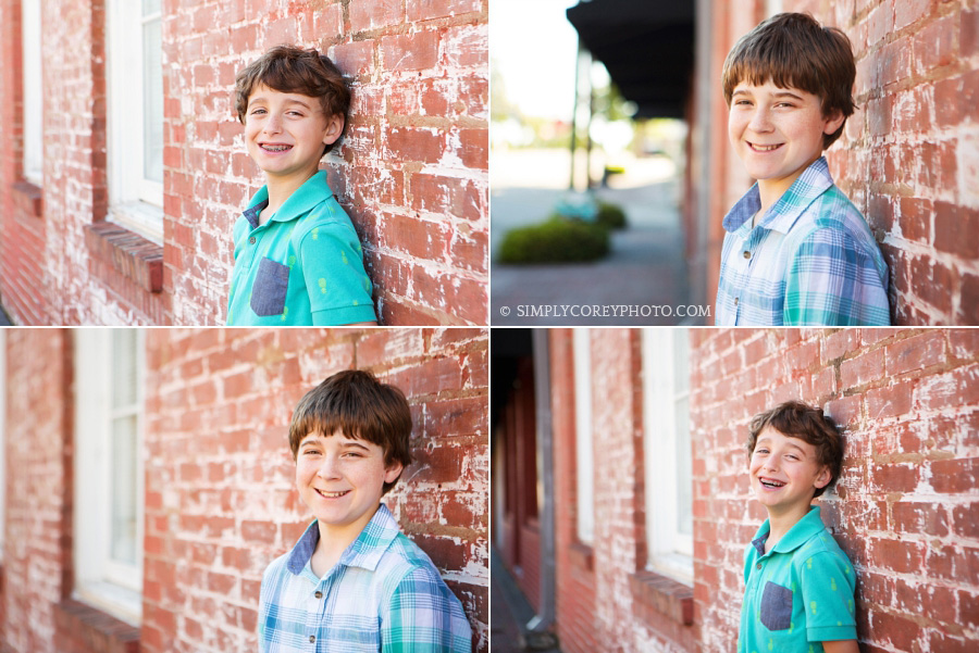 headshots of brothers near a brick wall by Carrollton child photographer