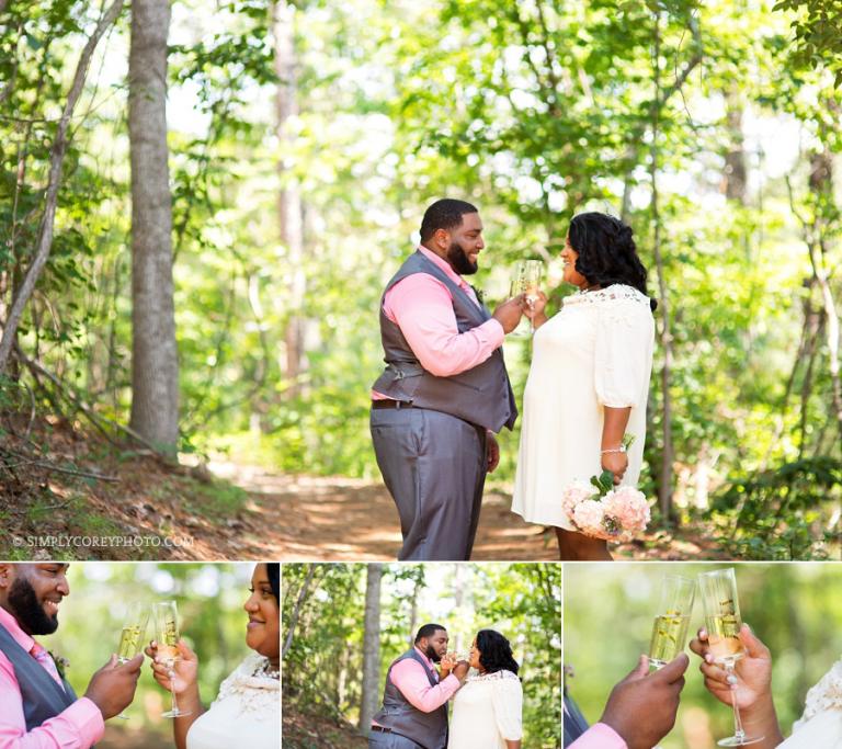 bride and groom toasting champagne, elopement photographer Atlanta