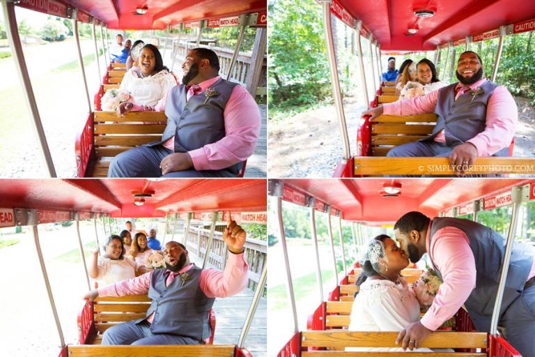 Atlanta elopement photography of the bride and groom riding a train at the Pine Mountain Gold Museum