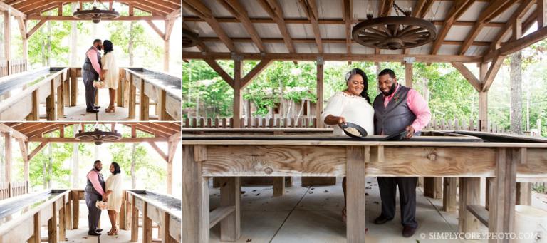 West Georgia elopement photography of the bride and groom panning for gold at the Pine Mountain Gold Museum