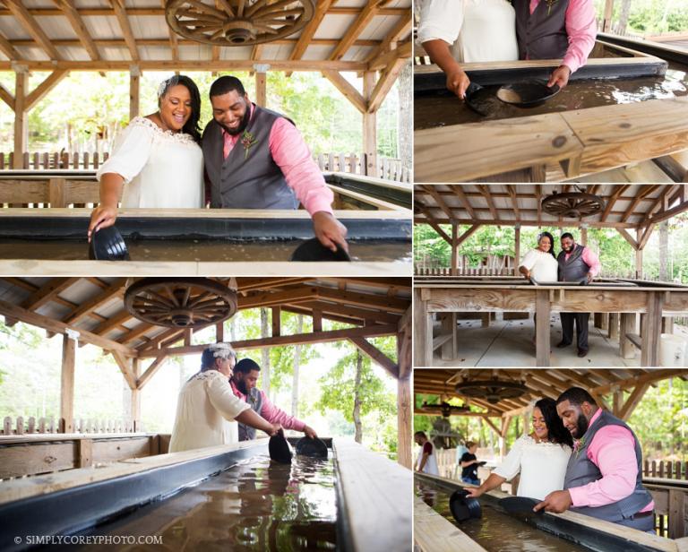 bride and groom panning for gold at the Pine Mountain Gold Museum by Atlanta elopement photographer