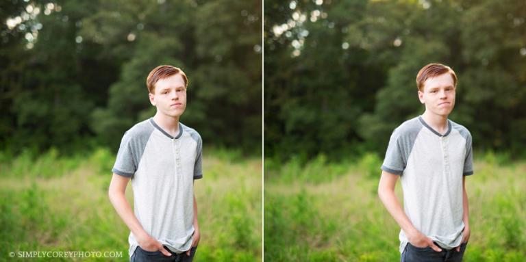 teen boy in country field by Douglasville senior portrait photographer