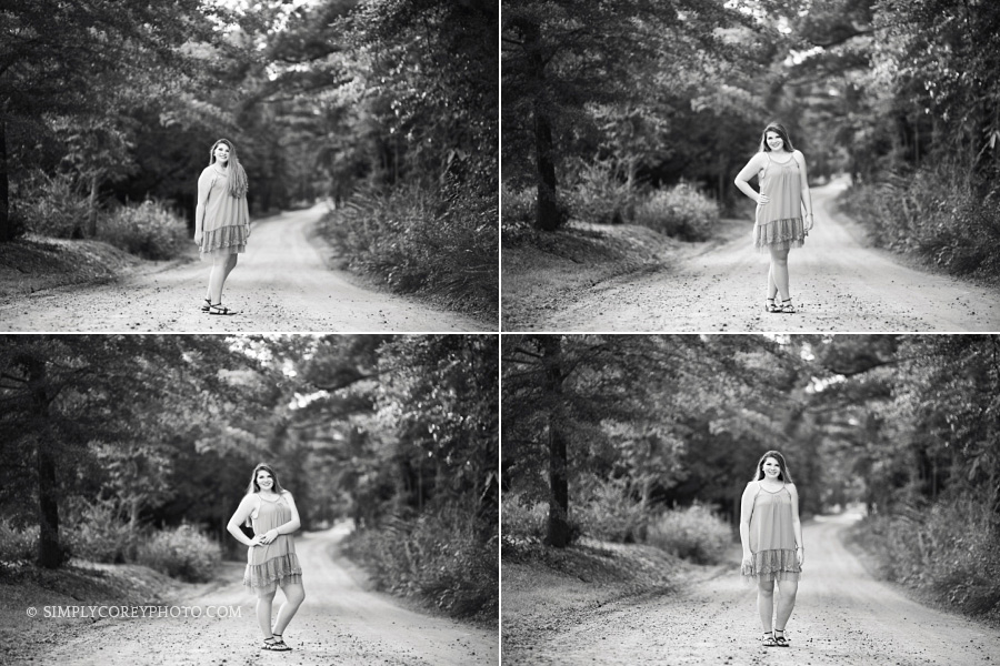 black and white senior portraits on a country dirt road near Carrollton, Georgia