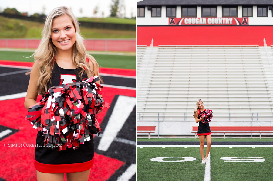 Douglasville cheerleader on Alexander football field in Douglasville by teen photographer