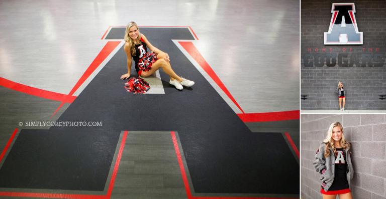 Douglasville teen photography of an Alexander High cheerleader near the gym