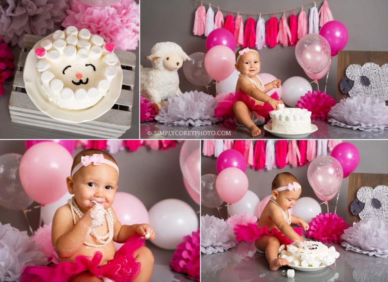 baby girl cake smash with lambs by Atlanta cake smash photographer
