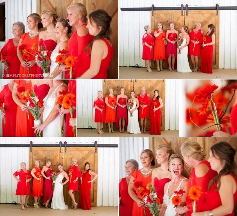 bride with bridesmaids in red dresses by Carrollton wedding photographer