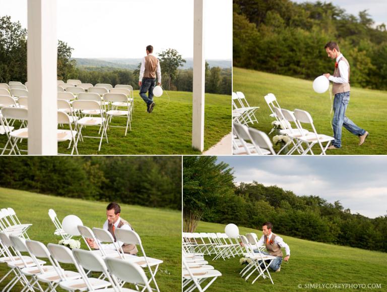 groom placing memorial balloon for wedding ceremony by Douglasville wedding photographer