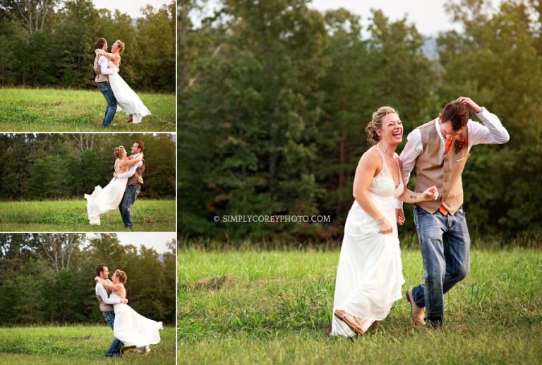 bride and groom twirling portraits outside by Douglasville wedding photographer