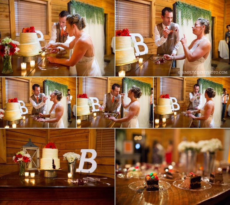 bride and groom cutting the wedding cake at the Barn at Tatum Acres